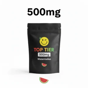 Top Tier 500mg watermelon THC gummies pouch with yellow mascot logo on black background
