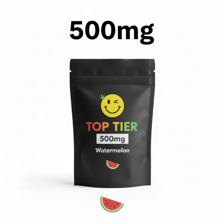 Top Tier 500mg watermelon THC gummies pouch with yellow mascot logo on black background
