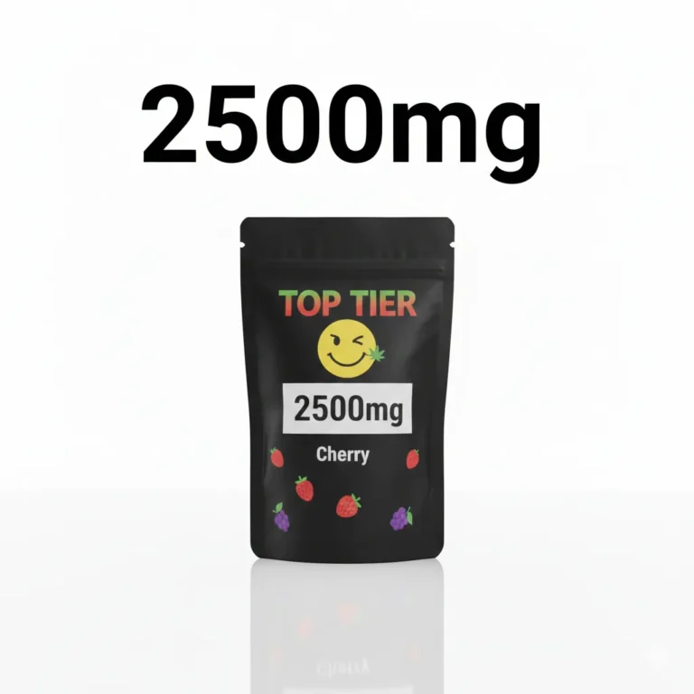Top Tier 2500mg strength highlight graphic showing ultra-potent THC edible dosage