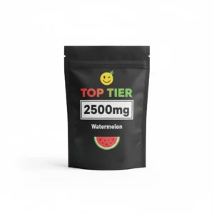 Top Tier 2500mg watermelon THC gummies pouch with yellow mascot logo on black packaging