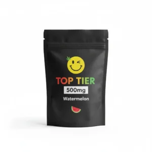 Top Tier 500mg watermelon THC gummies pouch with yellow mascot logo on black background
