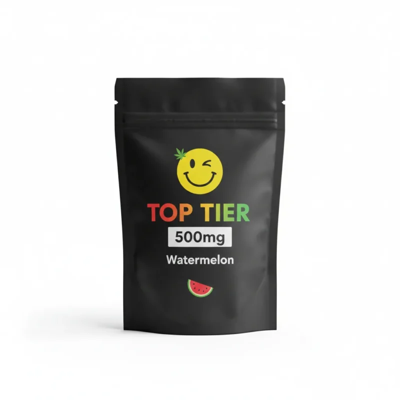 Top Tier 500mg watermelon THC gummies pouch with yellow mascot logo on black background