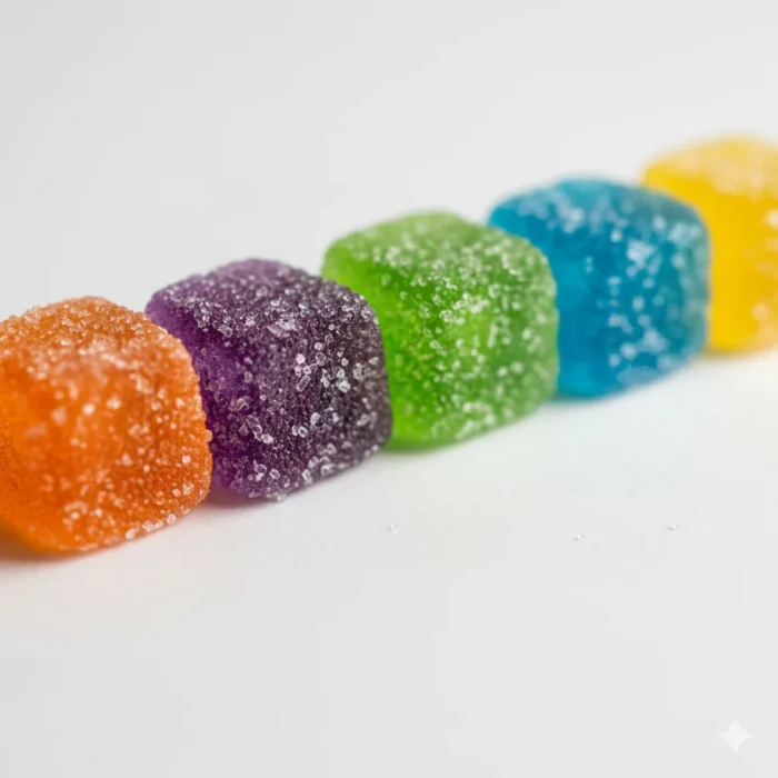 Higher Fire Shatter Gummy Cubes 2500mg close-up of green pouch artwork with colourful mushrooms