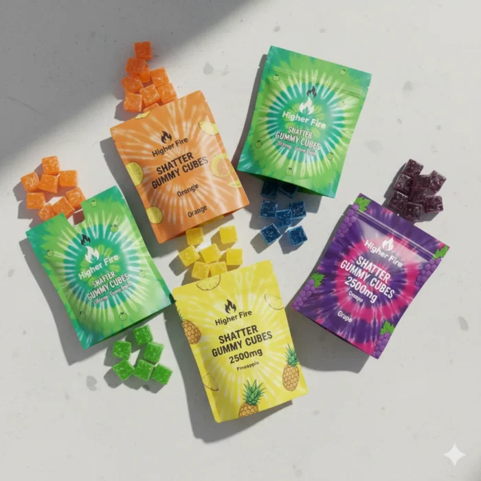 Higher Fire Shatter Gummy Cubes 2500mg pouches in multiple flavours arranged on a light stone surface.
