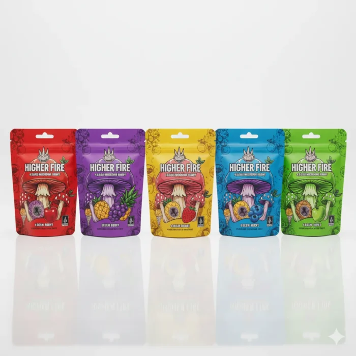 Higher Fire 4 gram mushroom gummy flavour lineup with five colourful pouches standing in a row