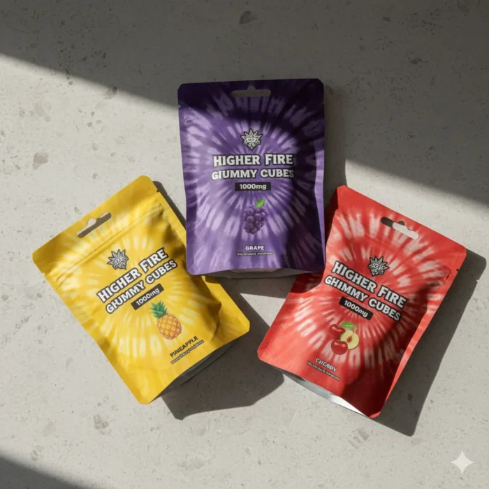 Higher Fire Shatter Gummy Cubes 1000mg mixed flavour pouches arranged in a flat lay on a light stone countertop