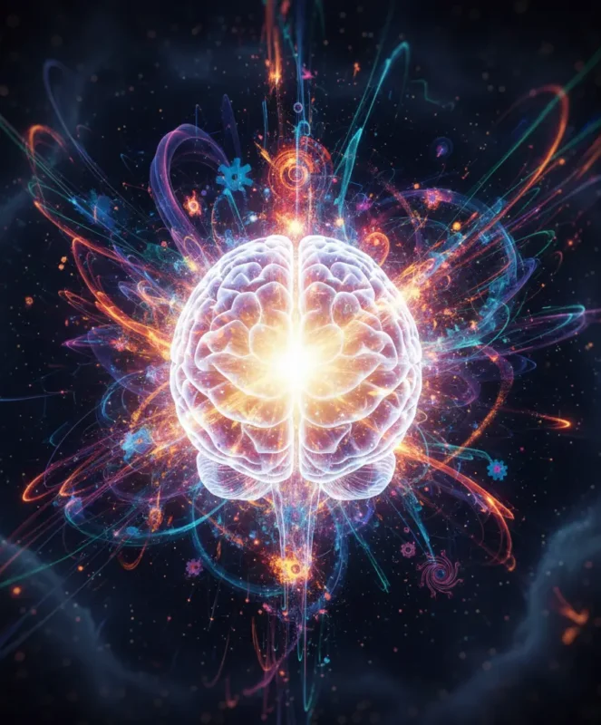 Illustration of a glowing human brain surrounded by colorful light trails, representing enhanced creativity and focus from Sativa strains.