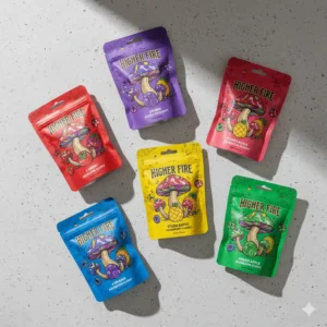 Higher Fire 4 gram mushroom gummy pouches in six flavours arranged flat on a light countertop