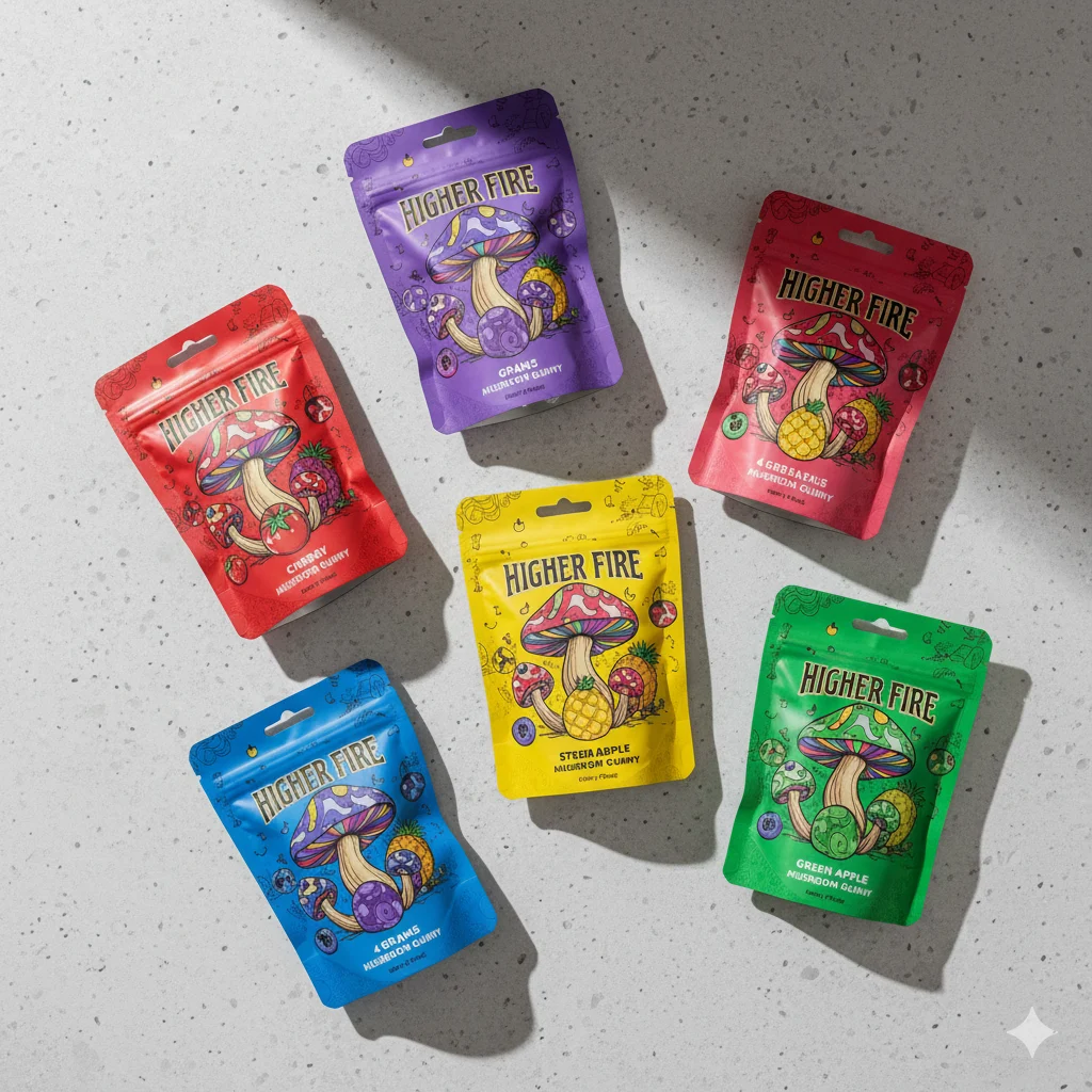 Higher Fire 4 Gram Mushroom Gummy – Lifestyle Flat Lay of All Flavours Higher Fire 4 gram mushroom gummy pouches in six flavours arranged flat on a light countertop