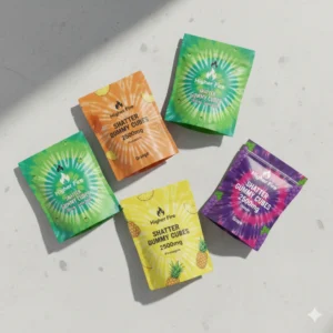 Higher Fire Shatter Gummy Cubes 2500mg mixed flavour pouches in a flat lay on a light countertop