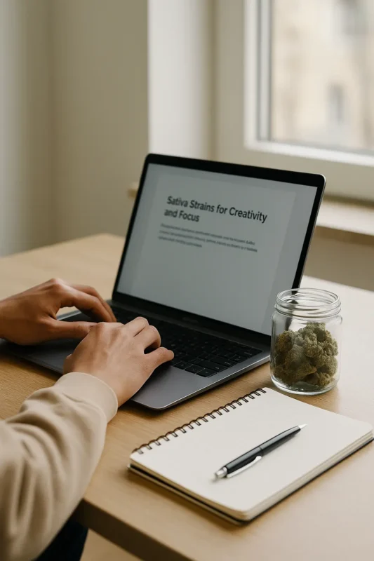 Person working on a laptop with a cannabis jar and notebook on the desk, representing Sativa strains for creativity and focus.