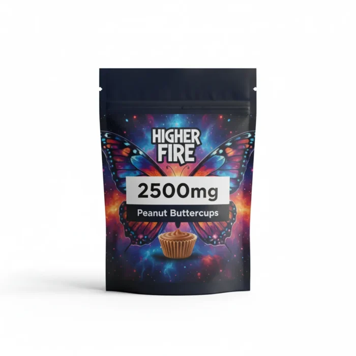Close-up detail of Higher Fire Shatter Peanut Buttercups 2500mg packaging with butterfly logo.