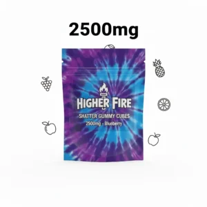 Higher Fire Shatter Gummy Cubes 2500mg blueberry pouch with 2500mg strength highlight