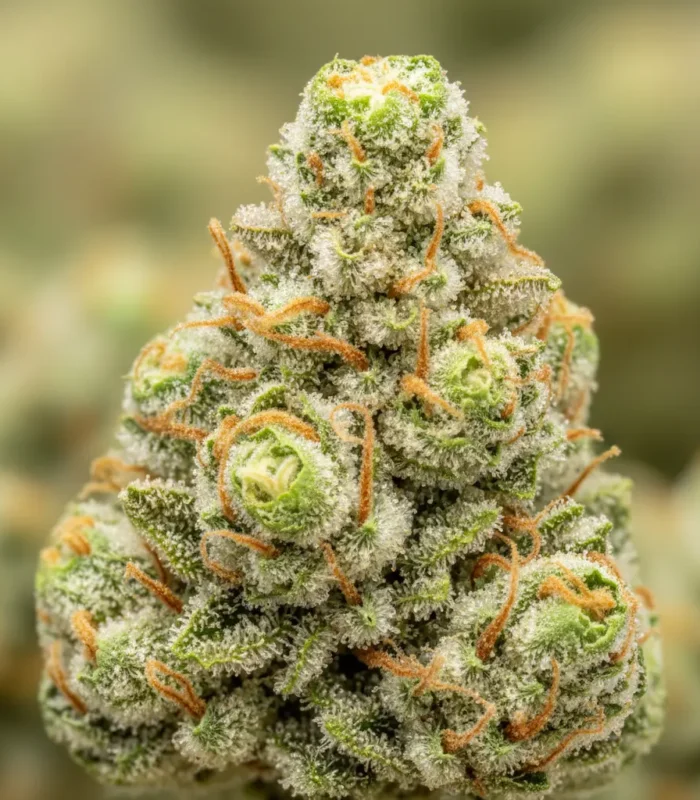 Close-up of Super Lemon Haze cannabis bud showing dense QUADS 4A trichomes and bright green hues.