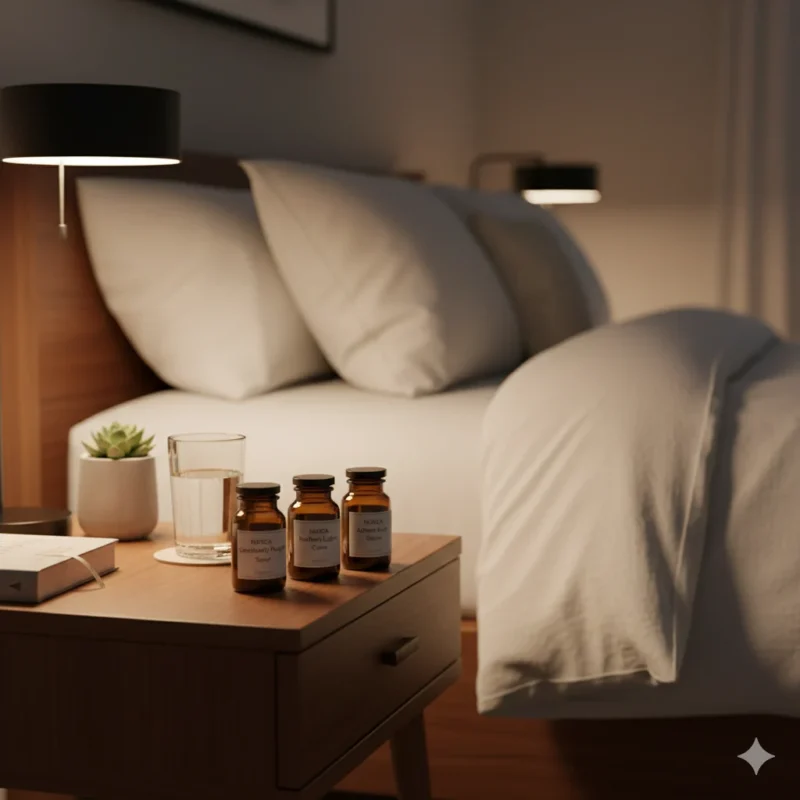 Cozy bedroom nightstand with labeled indica cannabis jars and soft lighting for relaxation and sleep.