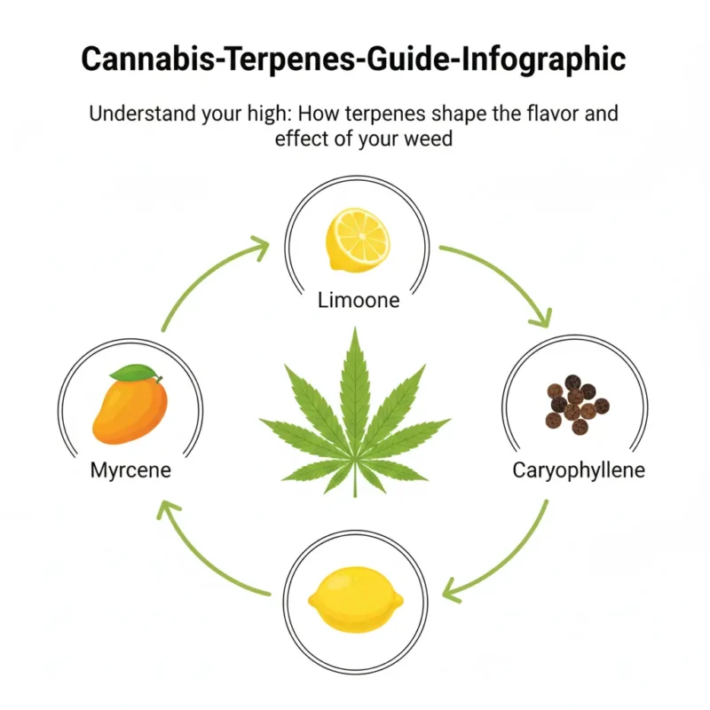 Infographic explaining common cannabis terpenes like Myrcene and Limonene.
