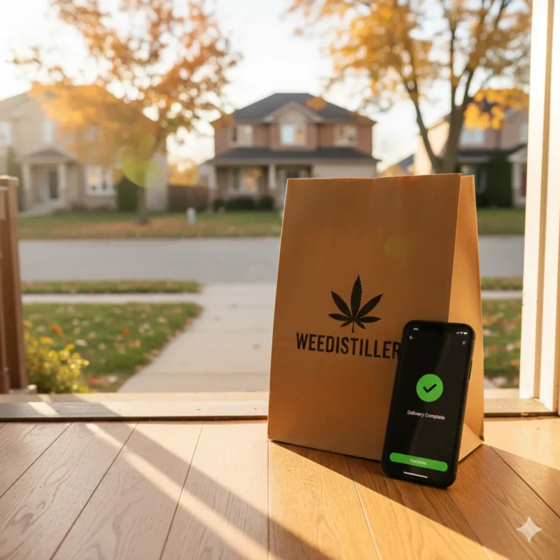 Contactless weed delivery package on a doorstep in Brampton.