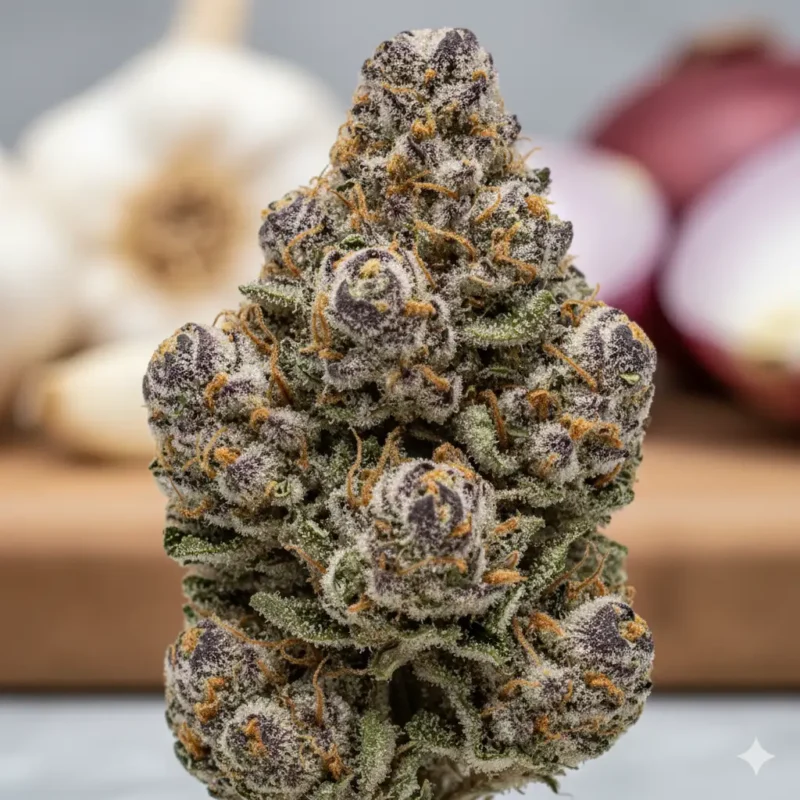 Macro shot of GMO Cookies weed strain with high trichome coverage.