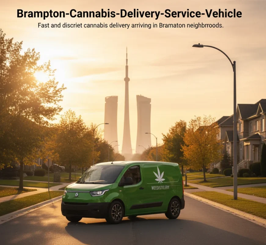 Same day cannabis delivery vehicle driving through Brampton neighborhood at sunset.