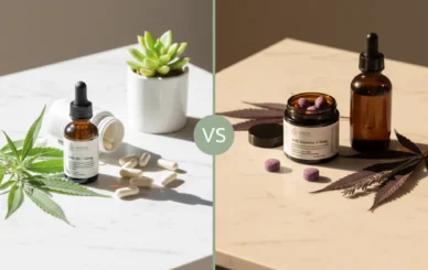 CBD vs THC product comparison showing CBD oil and capsules for daytime wellness versus low-dose THC gummies for sleep on marble surface
