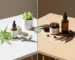CBD vs THC product comparison showing CBD oil and capsules for daytime wellness versus low-dose THC gummies for sleep on marble surface