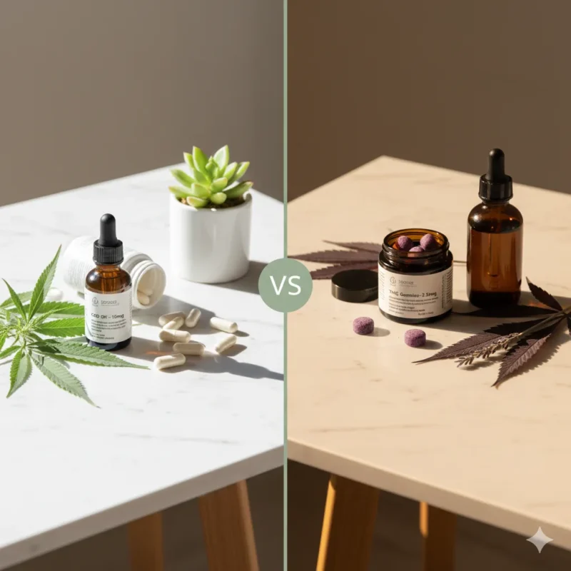 CBD vs THC product comparison showing CBD oil and capsules for daytime wellness versus low-dose THC gummies for sleep on marble surface