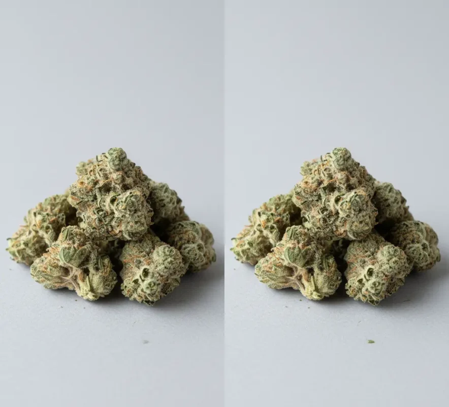 Visual comparison of dubs versus quads cannabis buds in Ontario.
