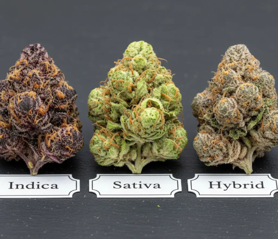 Macro shot of Indica, Sativa, and Hybrid cannabis strains available for delivery.