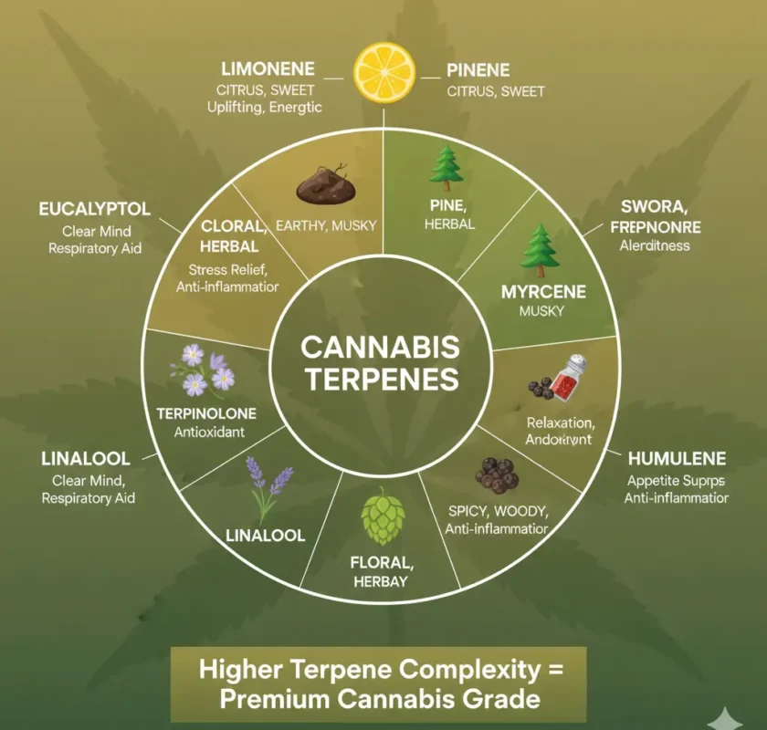 Infographic showing common cannabis terpenes (limonene, pinene, myrcene, caryophyllene, terpinolene) with their flavor profiles, aromas, and effects associated with higher-grade cannabis.