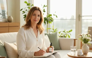 Confident Oakville woman in her 40s managing perimenopause naturally with cannabis oil and wellness journal in modern home