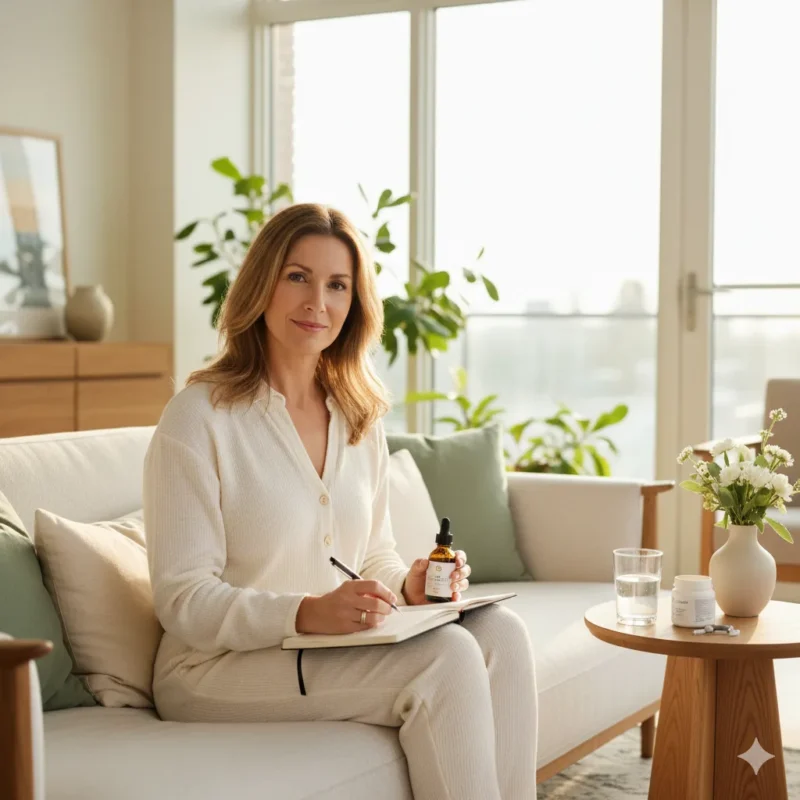 Confident Oakville woman in her 40s managing perimenopause naturally with cannabis oil and wellness journal in modern home