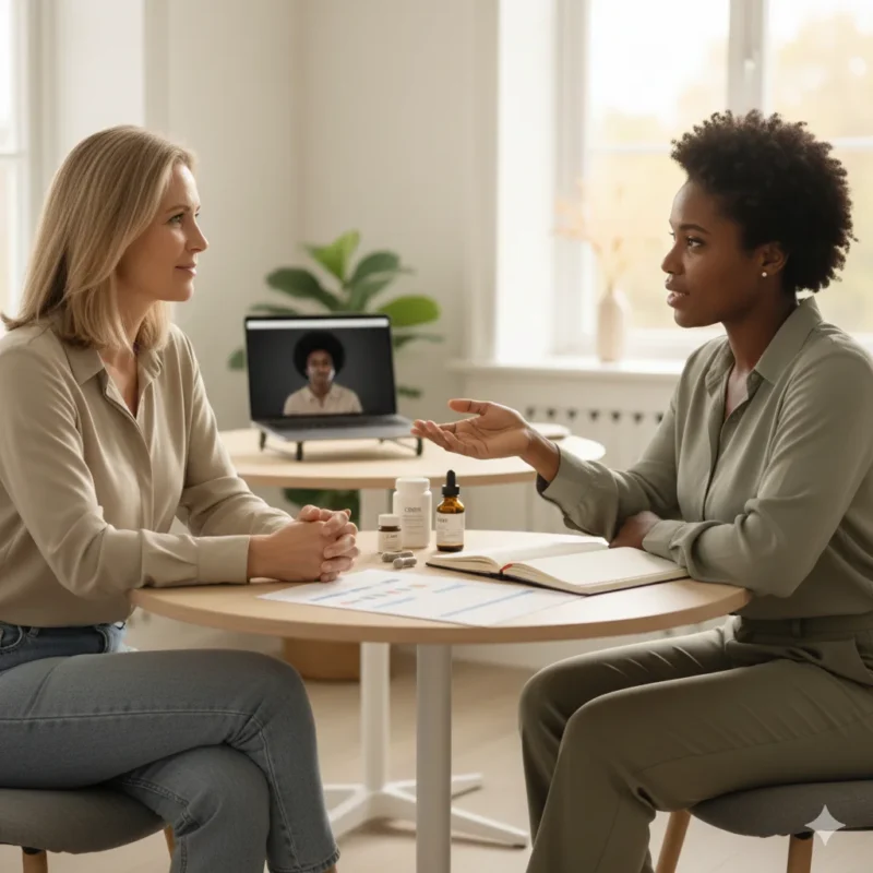 A perimenopausal woman consulting with a wellness professional about cannabis options