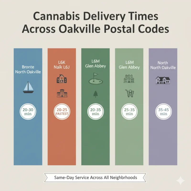 Oakville cannabis delivery times comparison infographic by neighborhood postal code L6H to L6M