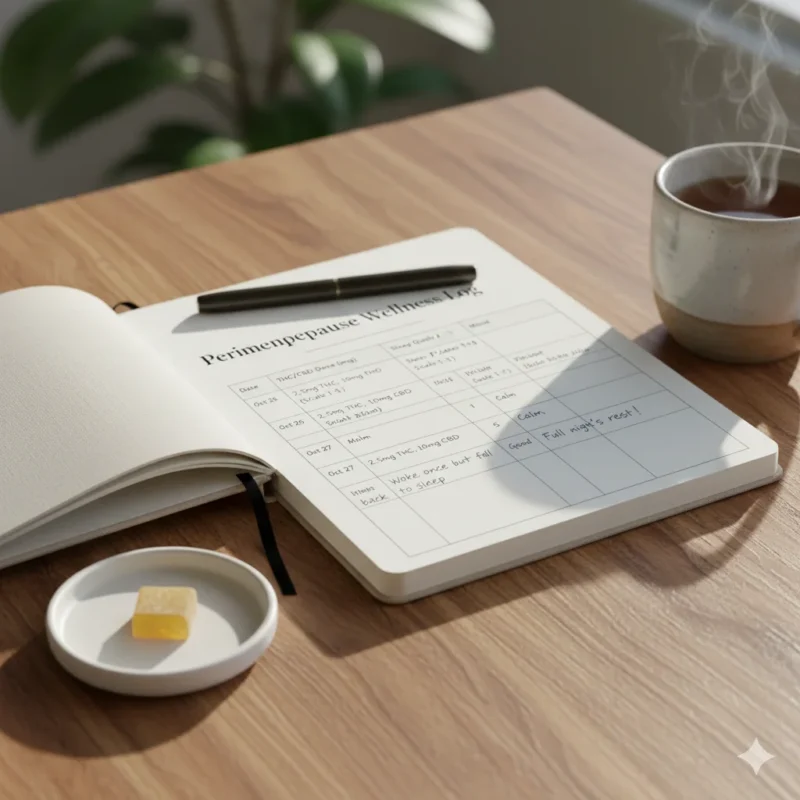 Perimenopause wellness journal tracking cannabis doses, hot flashes, sleep, and mood