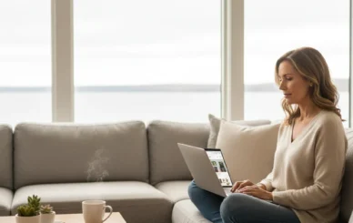 Professional Oakville woman in a modern living room researching low-dose cannabis wellness edibles on a laptop with a cup of herbal tea on the table