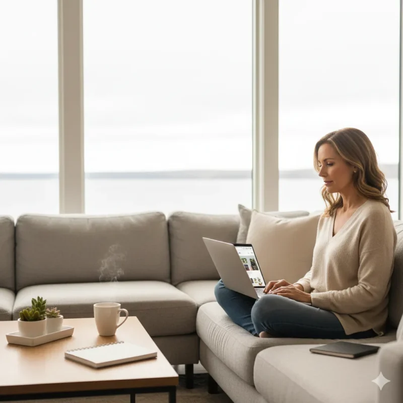 Professional Oakville woman in a modern living room researching low-dose cannabis wellness edibles on a laptop with a cup of herbal tea on the table