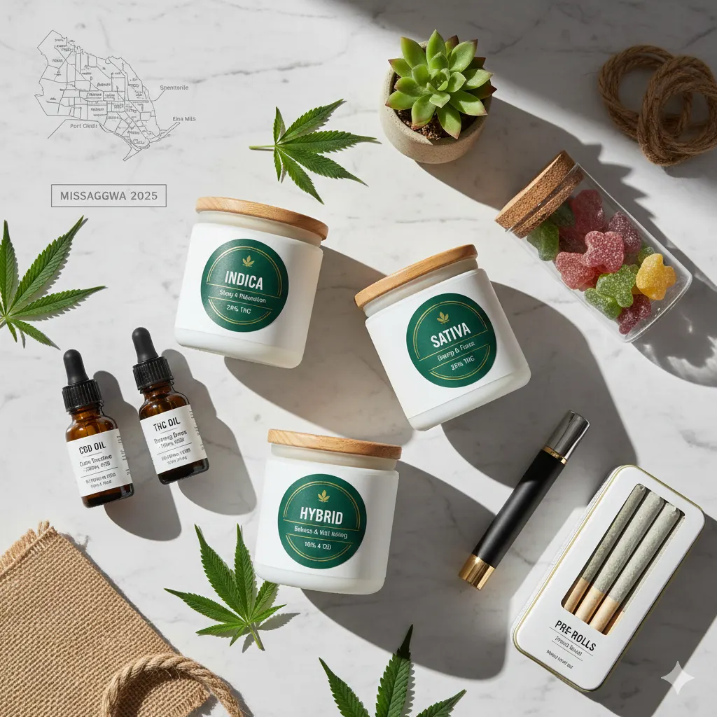 Best weed strains Mississauga 2025 showing premium cannabis products including indica sativa hybrid jars oils edibles with strain labels on marble surface