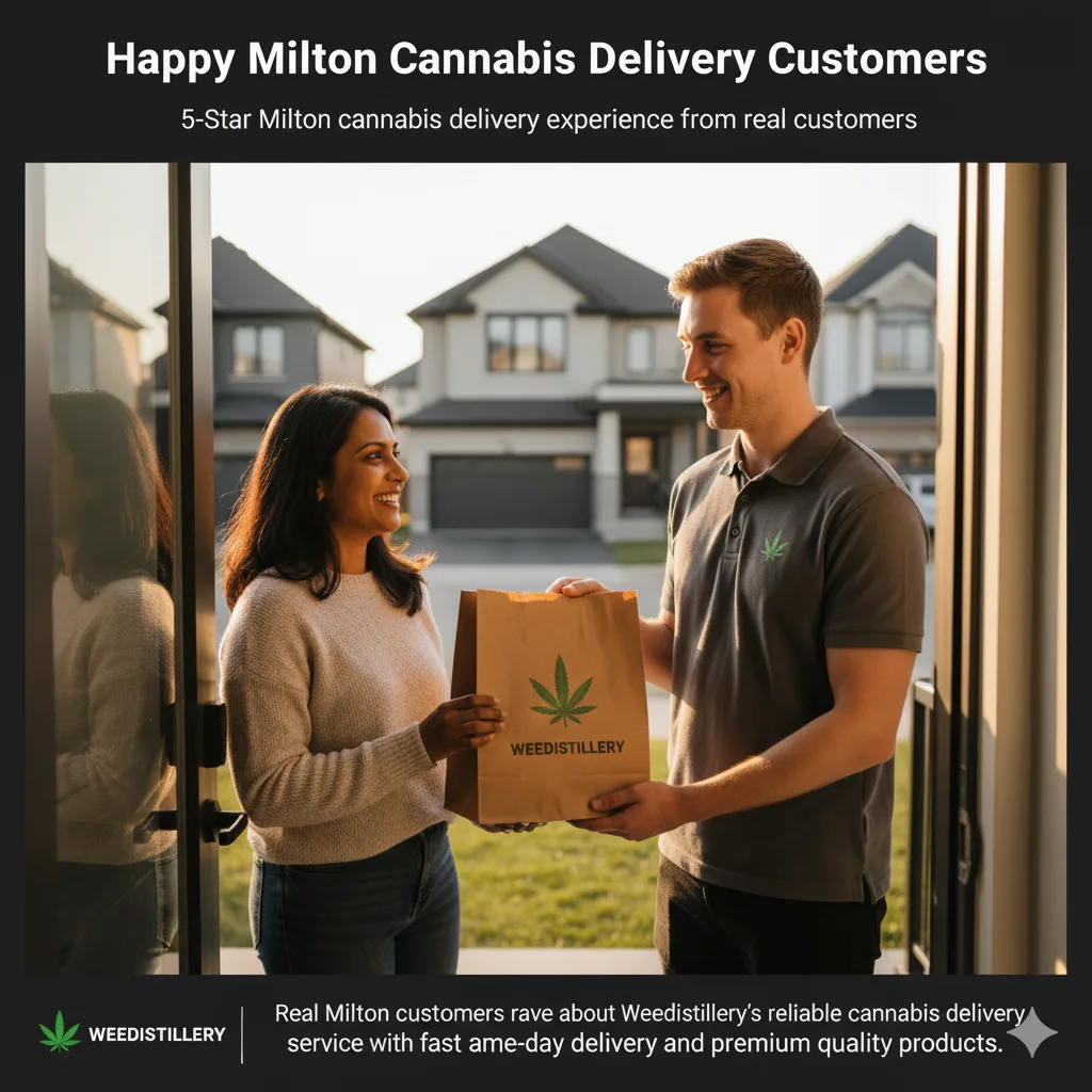 Satisfied customer receiving Milton cannabis delivery - premium Weedistillery service.