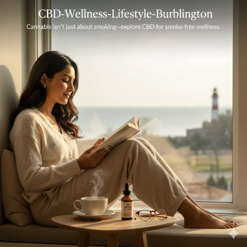 Woman relaxing with CBD oil and a book at home.