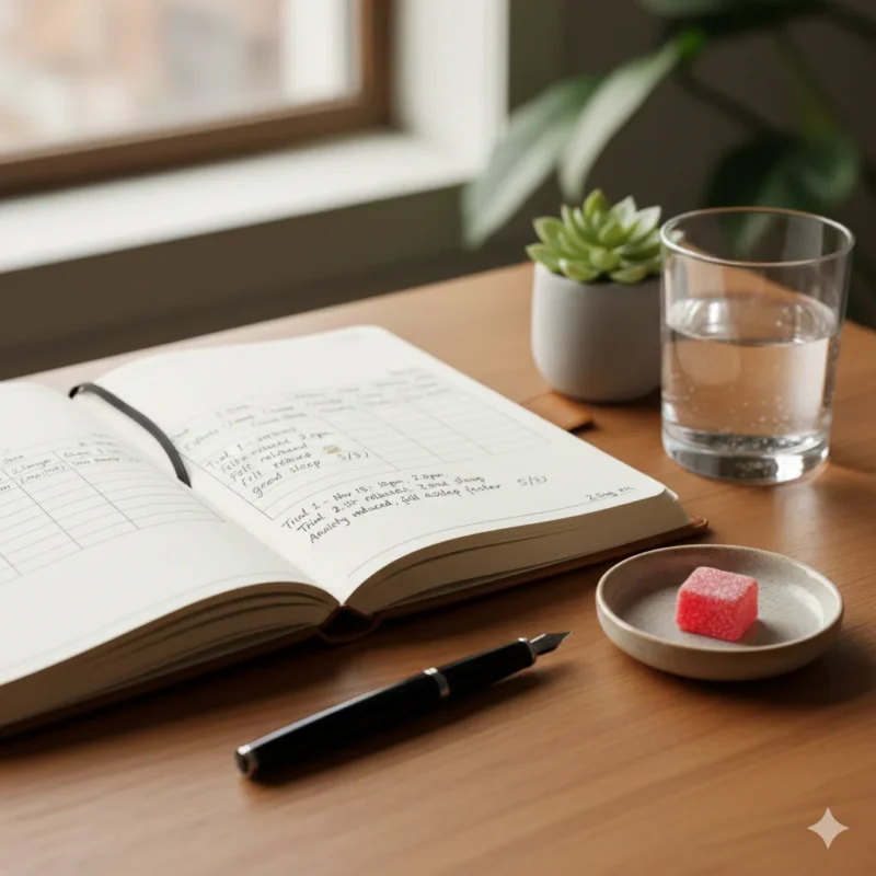 "Cannabis micro-dosing journal tracking 2.5mg THC edible effects for sleep and anxiety wellness protocol"