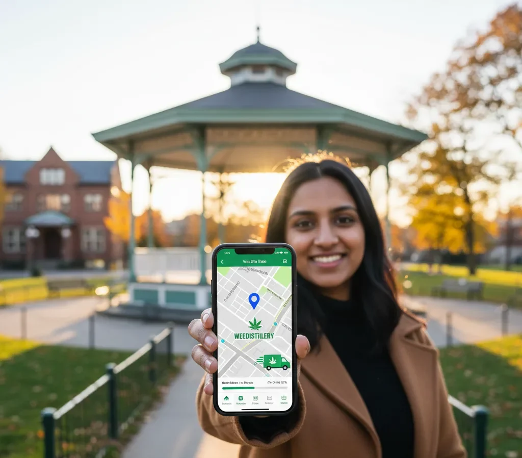 Ordering weed delivery on mobile while in downtown Brampton.