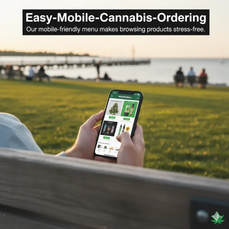 Ordering weed online on a smartphone in Burlington park.