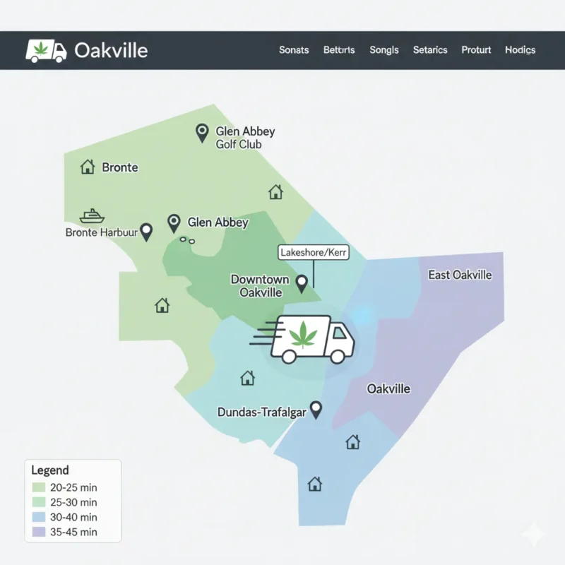 "Oakville cannabis delivery map showing Bronte Glen Abbey, Downtown delivery times, 20-45 minutes, same-day service"