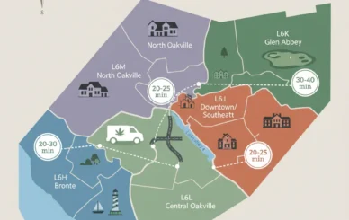 Oakville neighborhood map showing cannabis delivery times by postal code L6H Bronte L6J Downtown L6K Glen Abbey L6L Central L6M North with color-coded zones