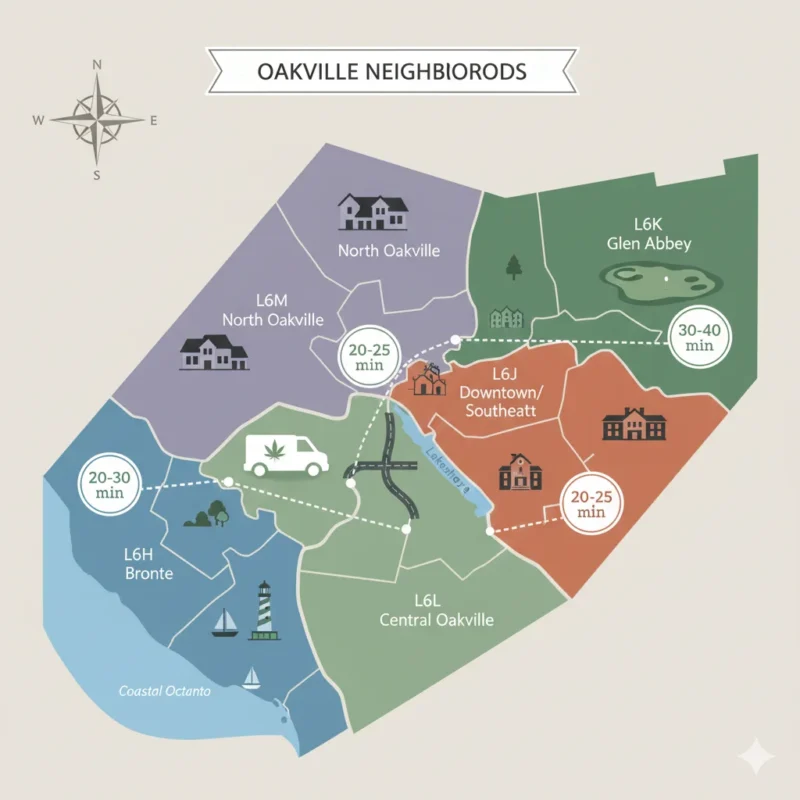 Oakville neighborhood map showing cannabis delivery times by postal code L6H Bronte L6J Downtown L6K Glen Abbey L6L Central L6M North with color-coded zones