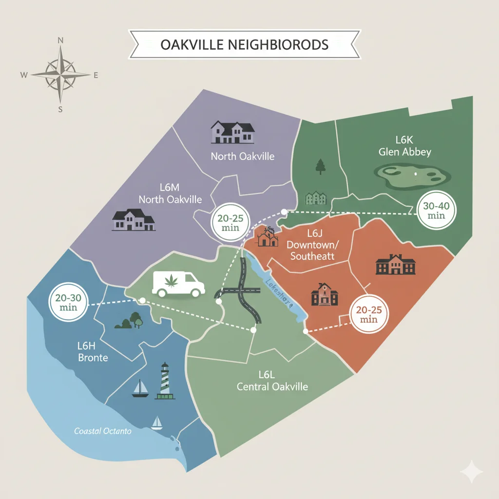 Oakville neighborhood map showing cannabis delivery times by postal code L6H Bronte L6J Downtown L6K Glen Abbey L6L Central L6M North with color-coded zones