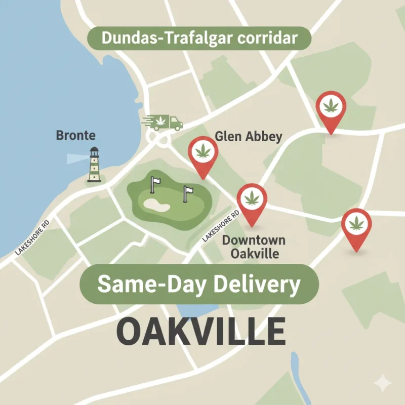 Illustrated Oakville map showing same-day cannabis delivery to Bronte, Glen Abbey, and Downtown