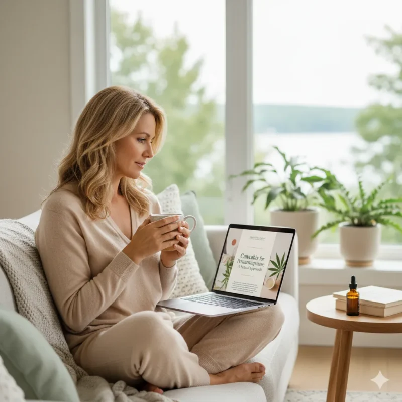 Oakville woman in her late 40s researching cannabis for perimenopause relief at home