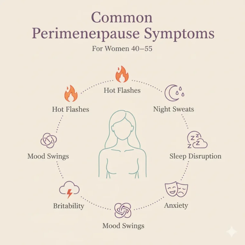 Infographic showing common perimenopause symptoms, including hot flashes and sleep issues