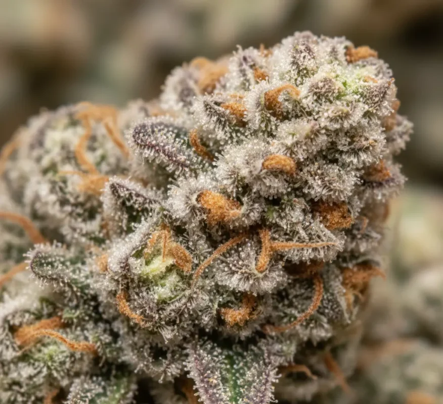 Macro photograph of frosty trichomes covering a premium AAAA quad cannabis bud, showing crystalline detail.